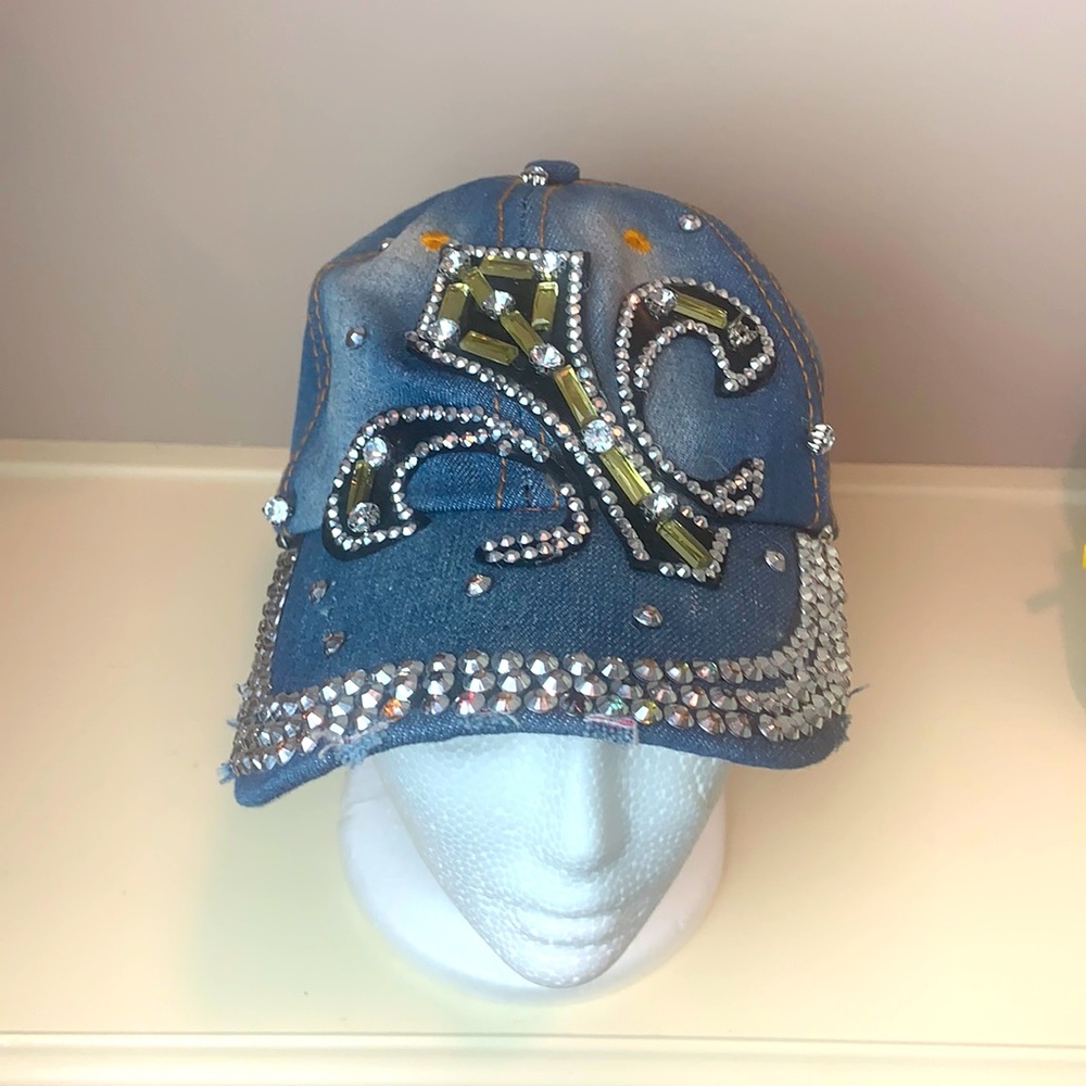 Stone and Gem Fleur-de-lis Distressed Denim Baseball Cap